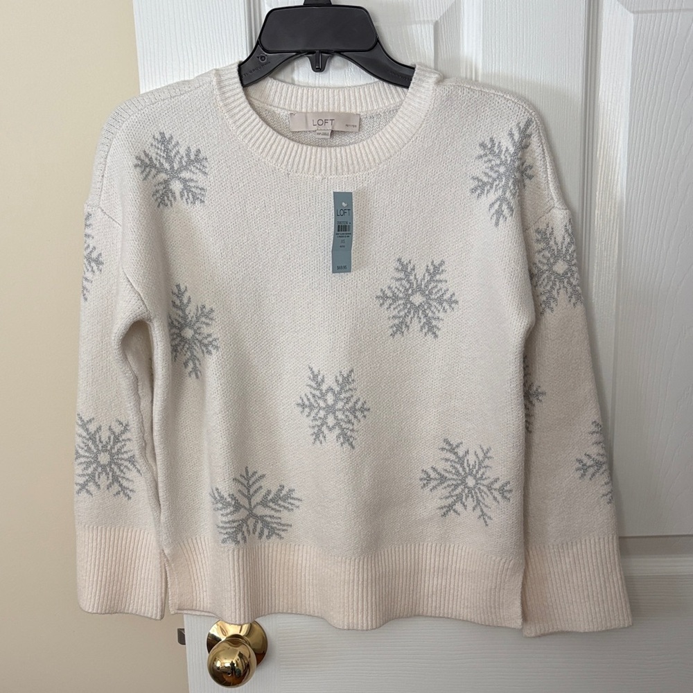 LOFT Cream Sweater with Gray Snowflake Design